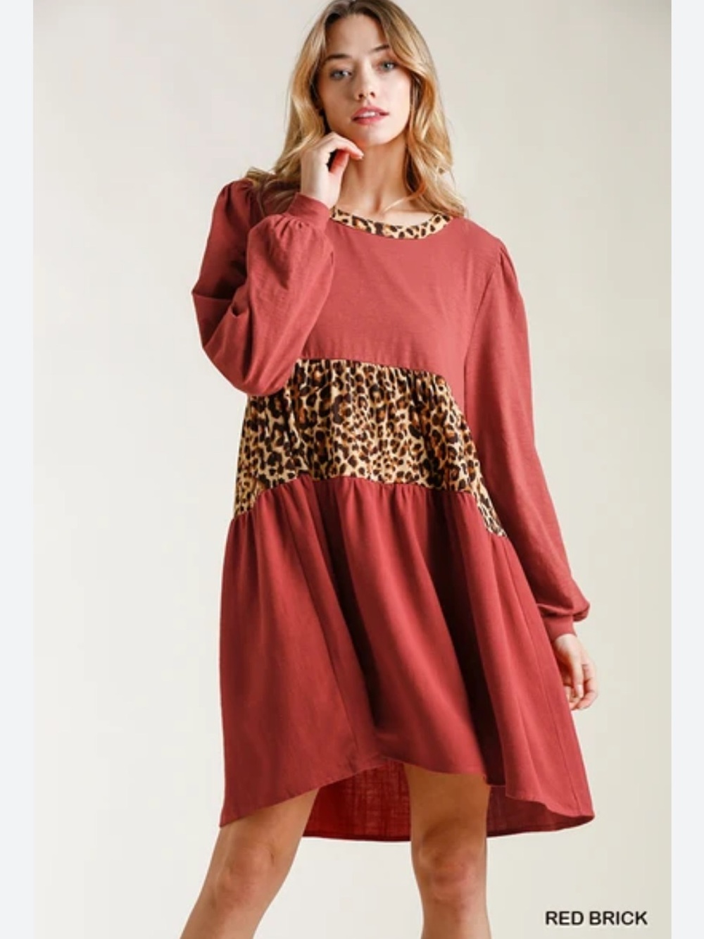 Umgee Red Brick Long Sleeve Babydoll Dress with Leopard Trim in Size Large